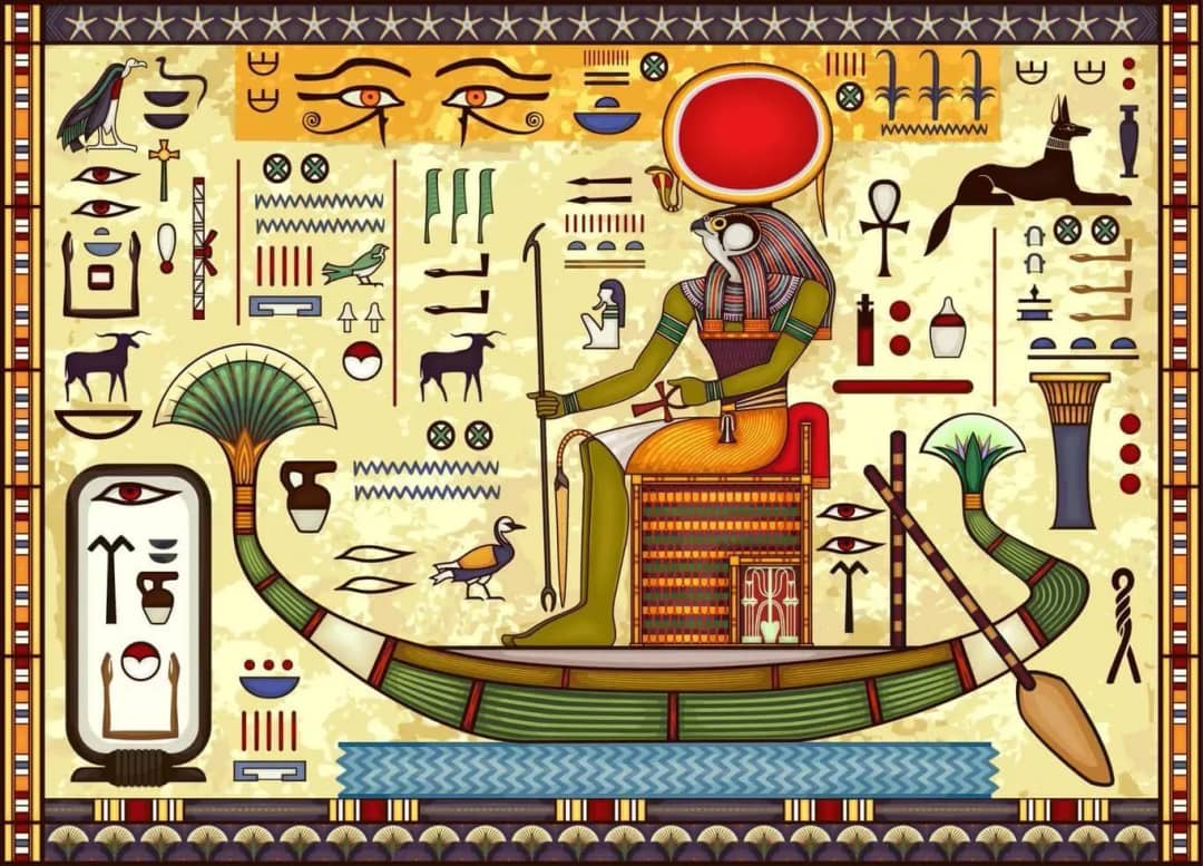 Ilustración de estilo egipcio con el dios Ra con cabeza de halcón y disco solar sentado en una barca, rodeado de jeroglíficos, el ojo de Horus, el anj y un cartucho
