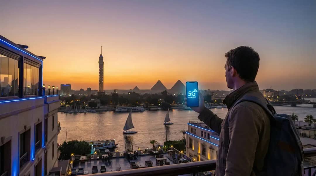 Viajero con mochila sostiene un móvil con señal 5G en una terraza de El Cairo al atardecer, frente al Nilo, la Torre de El Cairo y las pirámides de Giza
