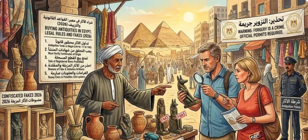 Ilustración de un puesto de recuerdos junto a las pirámides de Giza: un vendedor ofrece estatuillas marcadas como falsas a una pareja de turistas que las examina con lupa, con carteles de advertencia sobre el comercio de antigüedades