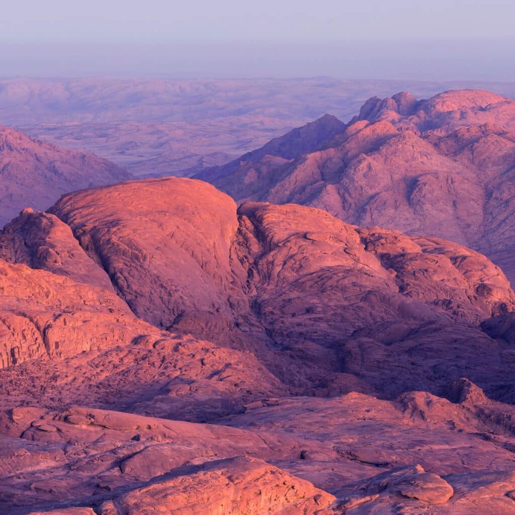 Sunrise view over the rugged peaks of Mount Sinai, Egypt