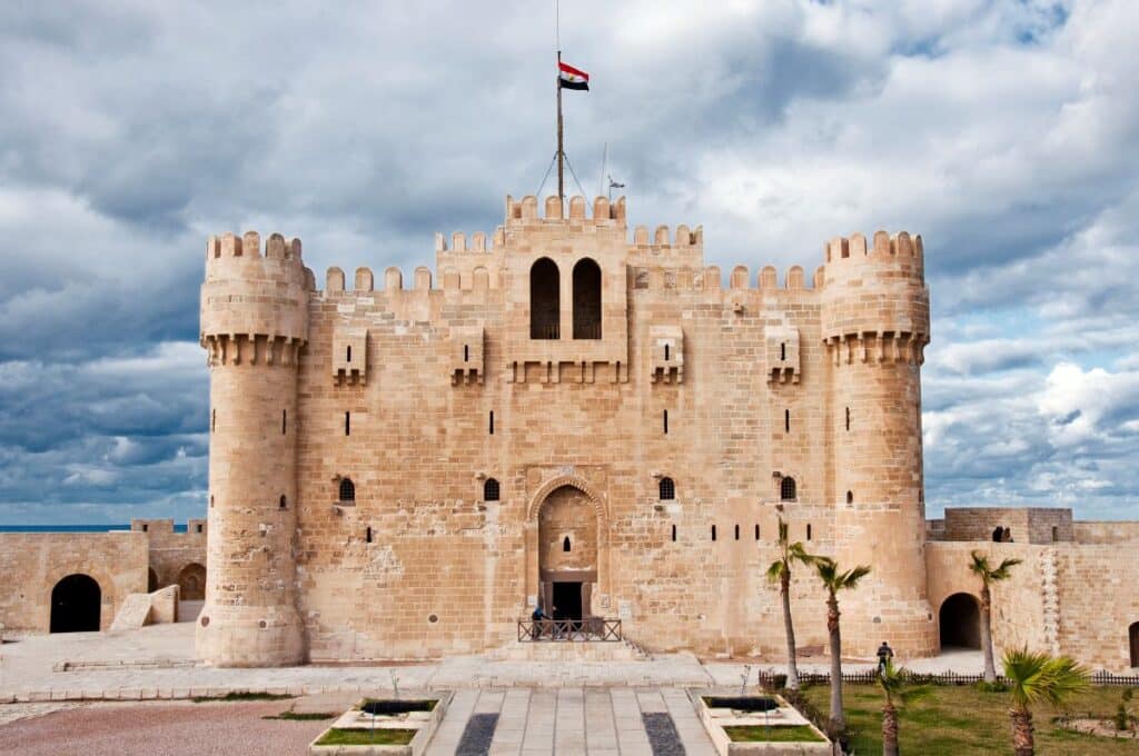 Frontal view of the Qaitbay Citadel in Alexandria, highlighting the fortress's historic Islamic architecture.